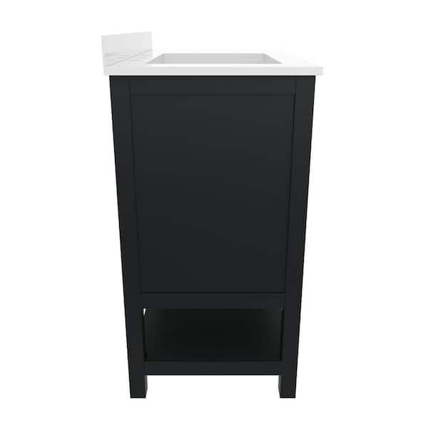 Vega 36 in. Black Bathroom Vanity Sink, Storage Cabinet, Open Shelf, 3 Drawers, White Carrara Marble Finish Countertop