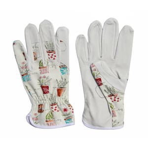 Cute Canvas and Leather Protective Gardening Gloves Cheerful Bonsai Print Design for Women