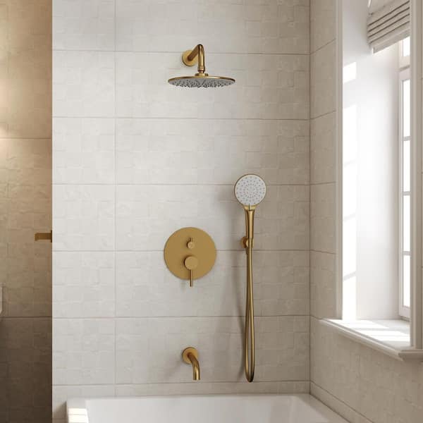 3-Spray Single-Handle Round Rain Dual Fixed Shower Head with Handheld Shower Head in Brushed Gold
