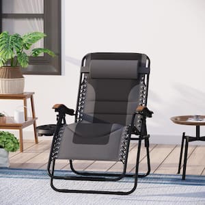 Black and Grey Metal Oversized Padded Folding Zero Gravity Chair with Cup Holder Outdoor Patio Adjustable Recliner
