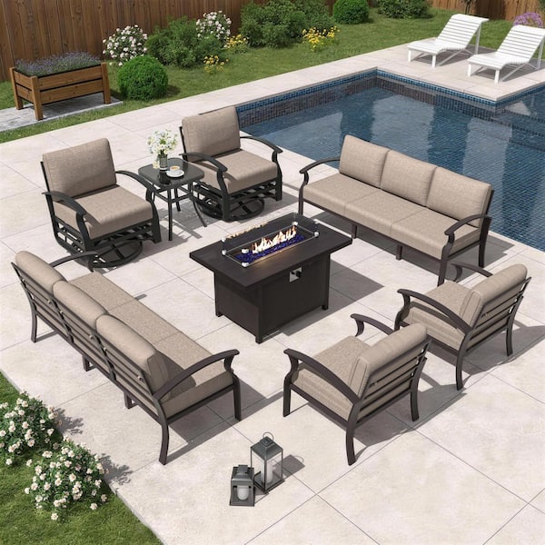 10-Seat Aluminum Patio Conversation Set with armrest, Firepit Table, Swivel Rocking Chairs and Sand Cushions