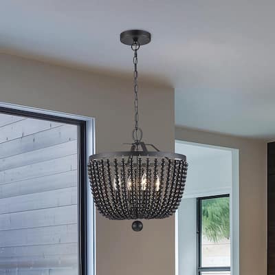 4-Light Black Faux Wood Beaded Pendant Light Fixture