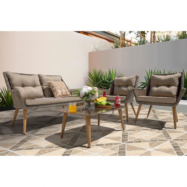 Rattan Brown 4-Piece Metal Outdoor Wicker Sofa Set Patio Conversation set with Brown Cushions
