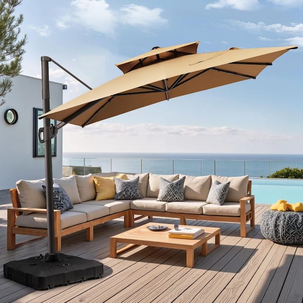 Pellebant 10.5 ft. x 9 ft. Outdoor Aluminum Cantilever 360° Rotation Tilt Double-Top Patio Umbrella in Tan with Base for Deck Yard