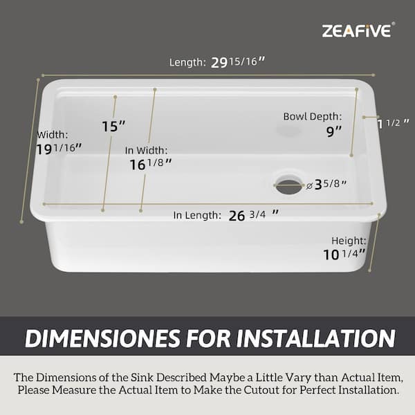 Zeafive Sino 30 in. Drop-In/Undermount Single Bowl White Fireclay