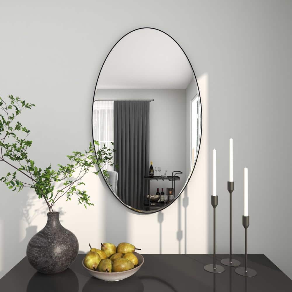 Modern Oval Black and Silver Wood Framed Dresser Mirror
