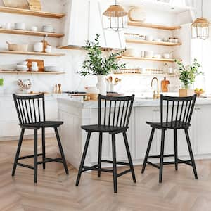 Winston 24 in. Black Classic Windsor Barstool Solid Wood Farmhouse Counter Height Stool with Spindle Back (Set of 3)