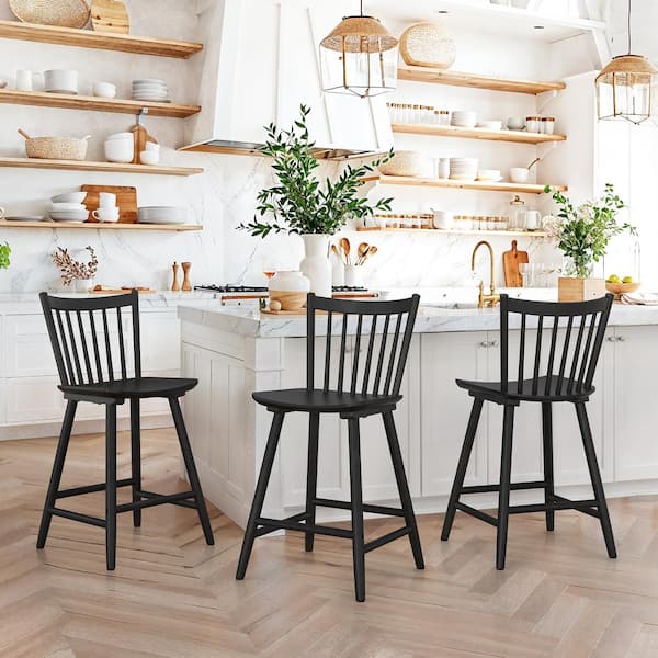 LUE BONA Winston 24 in. Black Classic Windsor Barstool Solid Wood Farmhouse Counter Height Stool with Spindle Back (Set of 3)