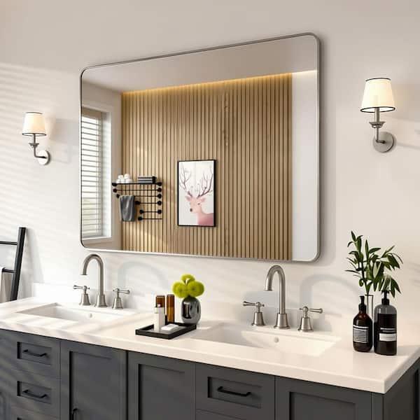 48 in. W x 36 in. H Rectangular Framed Wall Bathroom Vanity Mirror in Brushed Nickel