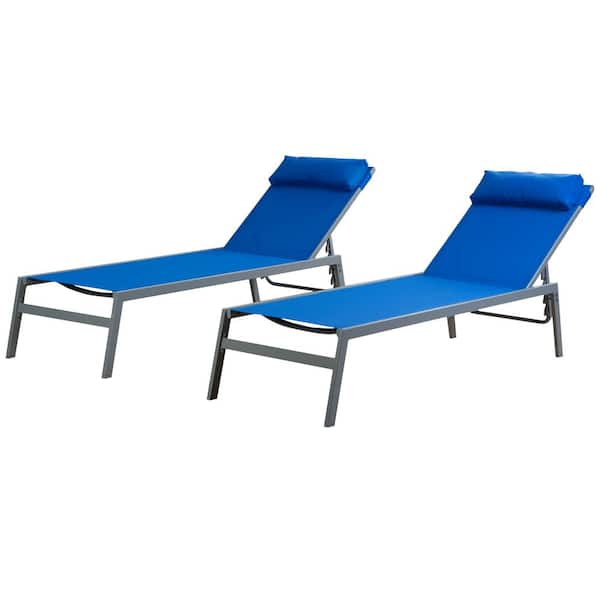 KOZYARD Wilson Grey EDP Coated Wrought Iron Frame Breathable Blue Textilene Seat Outdoor Chaise Lounge (2-Pack)