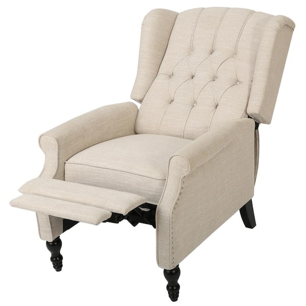 Noble House Walter 35 in. Width Big and Tall Light Beige Polyester Nailhead Trim Wing Chair Recliner