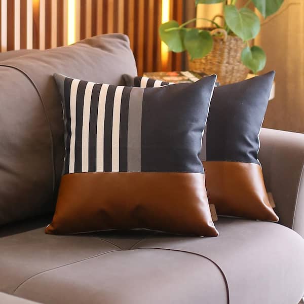 MIKE & Co. NEW YORK Bohemian Handmade Vegan Faux Leather Brown and Black 18 in. x 18 in. Square Geometric Throw Pillow Set of 2