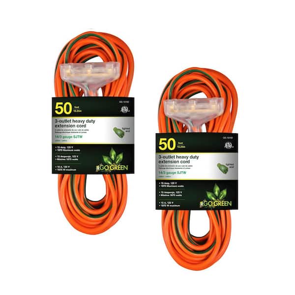 GoGreen Power (G-15150-2) 50 ft. 14/3 3 Outlet Indoor Heavy Duty Extension Cord, Orange, 2 PACK