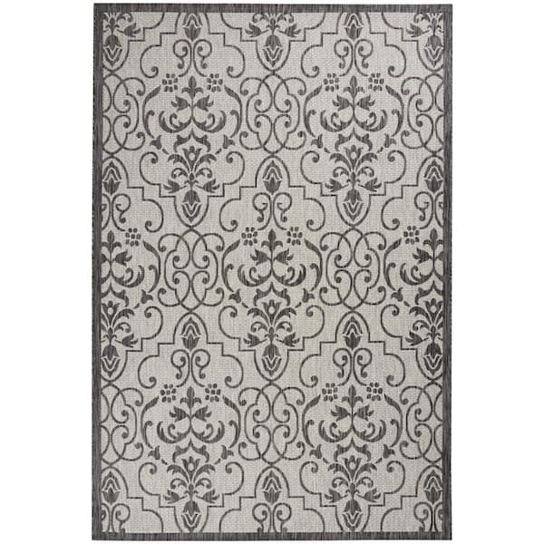 Nourison Garden Party Ivory/Charcoal 6 ft. x 9 ft. Bordered Transitional Indoor/Outdoor Patio Area Rug