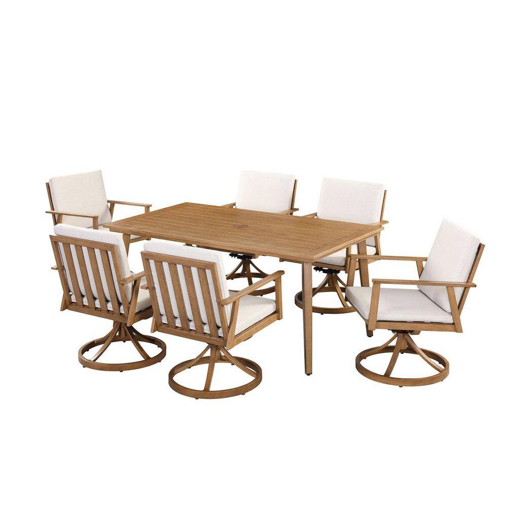 Teak 7-Piece Aluminum Outdoor Dining Set with 6 Swivel Chairs, Rectangular Table and Light Taupe Cushions price history on PriceWatchPro