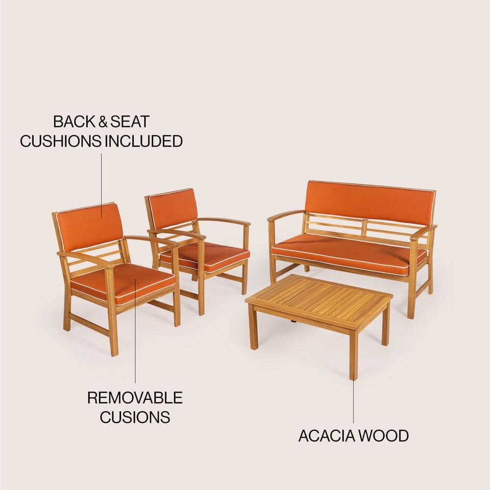 Barclay 4-Piece Orange and Teak Brown Acacia Wood Patio Set