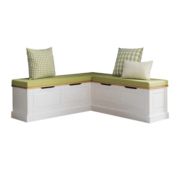 Linon Home Decor Rockhill Natural & White Breakfast Dining Bench Backless Nook w Apple Green 5 piece Cushion Set 62.4 in. W