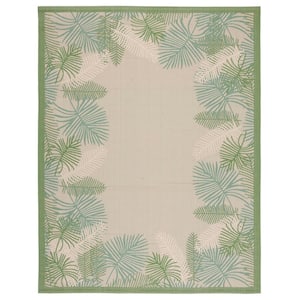 Courtyard Cream/Green 9 ft. x 12 ft. Border Abstract Palm Leaf Indoor/Outdoor Patio  Area Rug