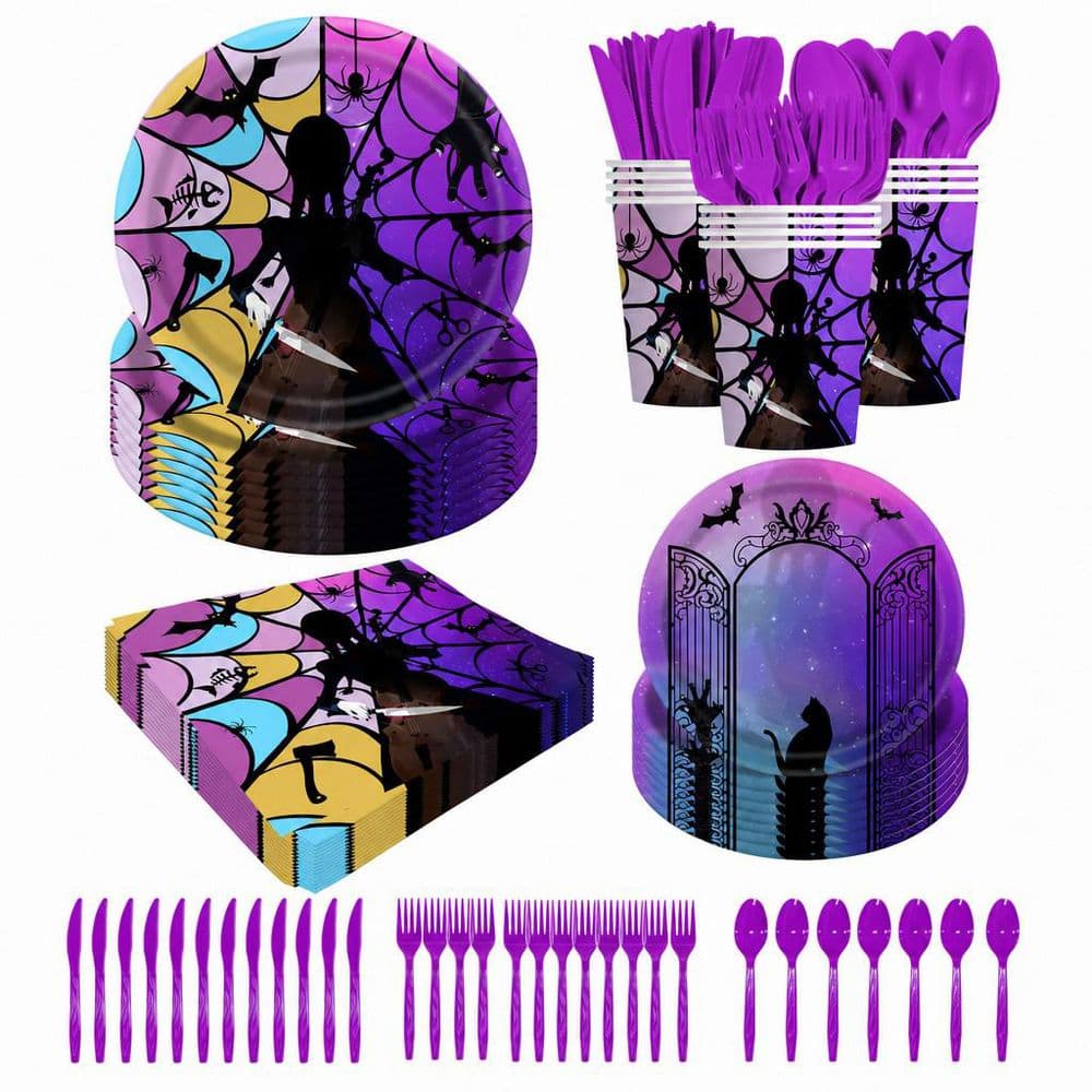 Wednesday Themed 140-Piece Birthday Party Purple Paper Disposable Tableware Set Cups Plates Napkins Service for 20 price history on PriceWatchPro