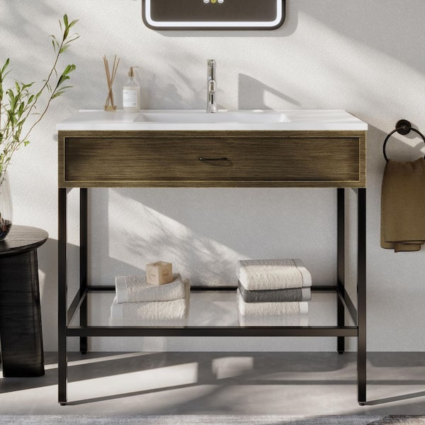 Ansel 36 in. W Freestanding Single Sink White Bath Vanity with White Solid Surface Top and Black Legs