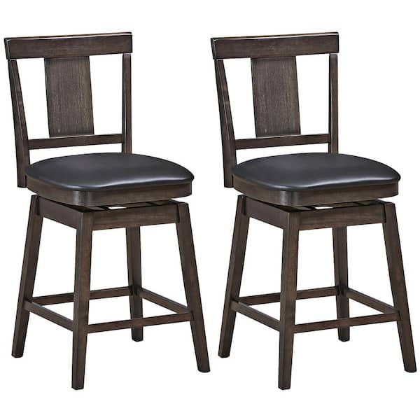 Costway 24 in. Brown Height Back Wood Frame Counter Height Swivel Bar Stool with Leather Seat(Set of 2)