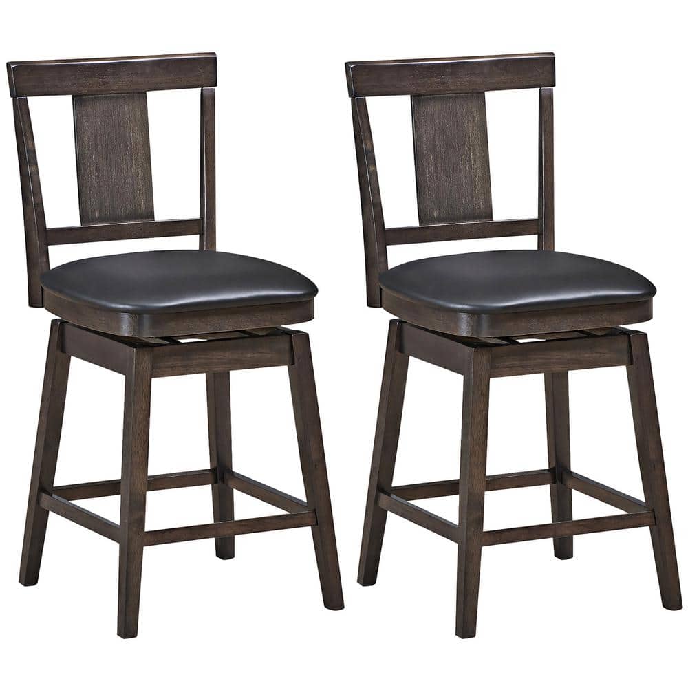 Walnut Finish Swivel Bar Stool Set, Faux Leather Cushion, Brown