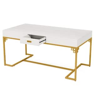 Halsey 63 in. Rectangular White Gold Wood 1-Drawer Desk Executive Computer Meeting Room Home Office Conference Table