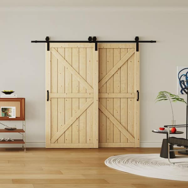 84 in. x 84 in. Light Brown Painted Water Proof and MDF Double K-Shaped Sliding Barn Door with Hardware Kit