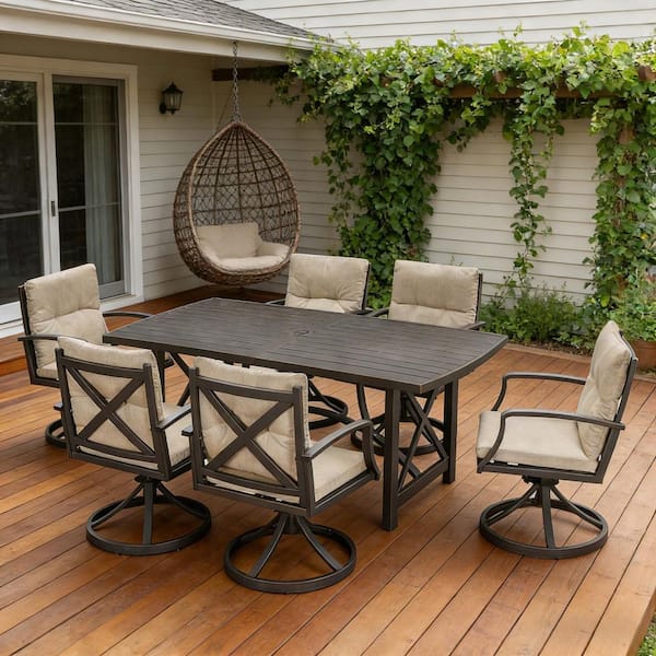 Gunmetal 7-Piece Aluminum Outdoor Dining Set with 6 Swivel Dining Chairs and Beige Cushions