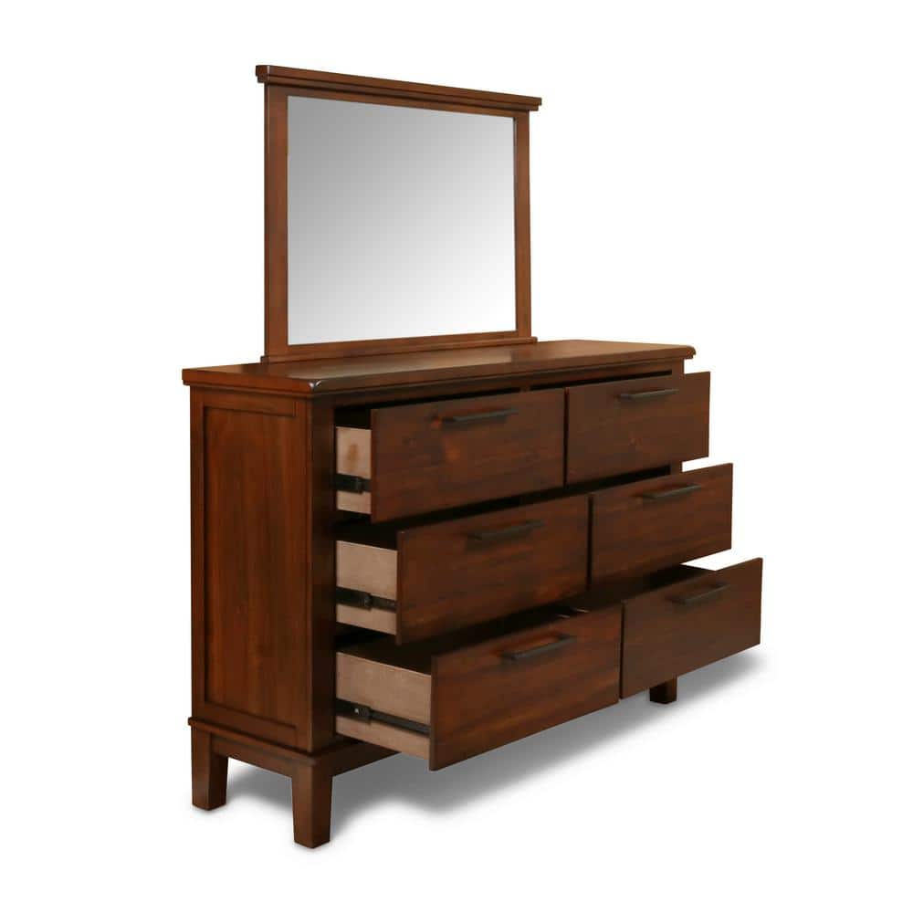 Chestnut Brown Wood 6-Drawer Dresser with Mirror