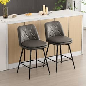 26 in. Grey Metal Frame Counter Height Swivel Bar Stool with Faux Leather Seat (Set of 2)