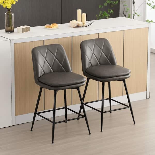 Hochwertiges 26 in. Grey Faux Leather Upholstered Metal Leg Counter Height Swivel Bar Stool (Set of 2)