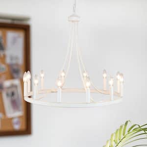 12-Light Vintage White Wagon Wheel Chandelier for Living Room Dinning Room with No Bulbs Included