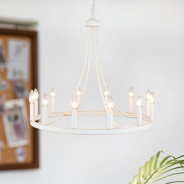 ZJVAIVE 12-Light Vintage White Wagon Wheel Chandelier for Living Room Dinning Room with No Bulbs Included