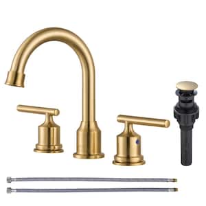 8 in. Widespread Double-Handle Bathroom Faucet with Drain Kit in Brushed Gold