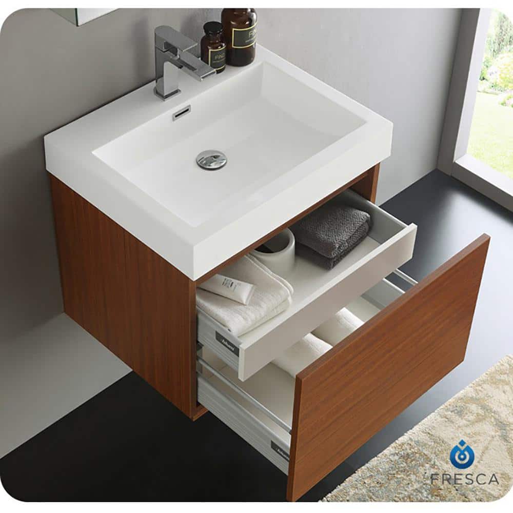 Teak Wall-Mounted Single Sink Vanity with Acrylic Top