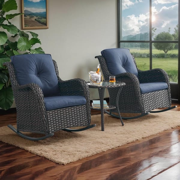 Pocassy Outdoor Brown Wicker Outdoor Rocking Chair with CushionGuard Blue Cushions Patio (Set 2-Pack)