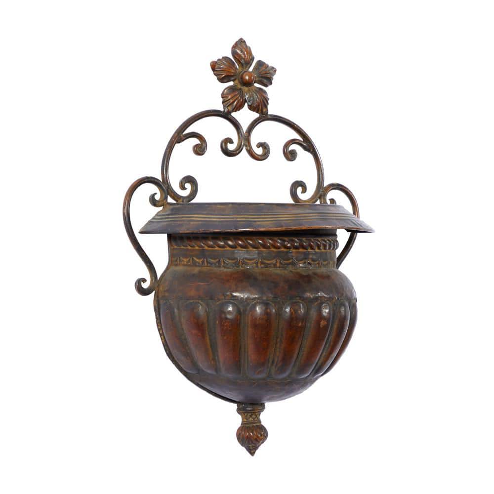 18-Inch Bronze Iron Scroll Wall Planter with Floral Finial