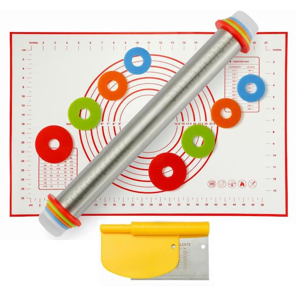 17-Piece Stainless Steel Rolling Pin w/ Thickness Rings, Silicone Pastry Mat & 2-in-1 Dough Scraper Pizza Cutter Set