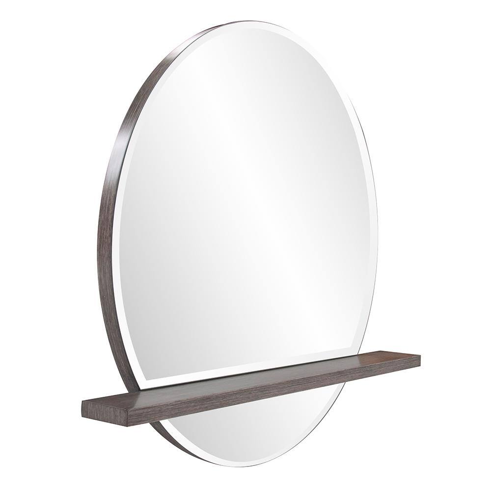 Grayson Round Gray Wood Framed Mirror with Front Shelf