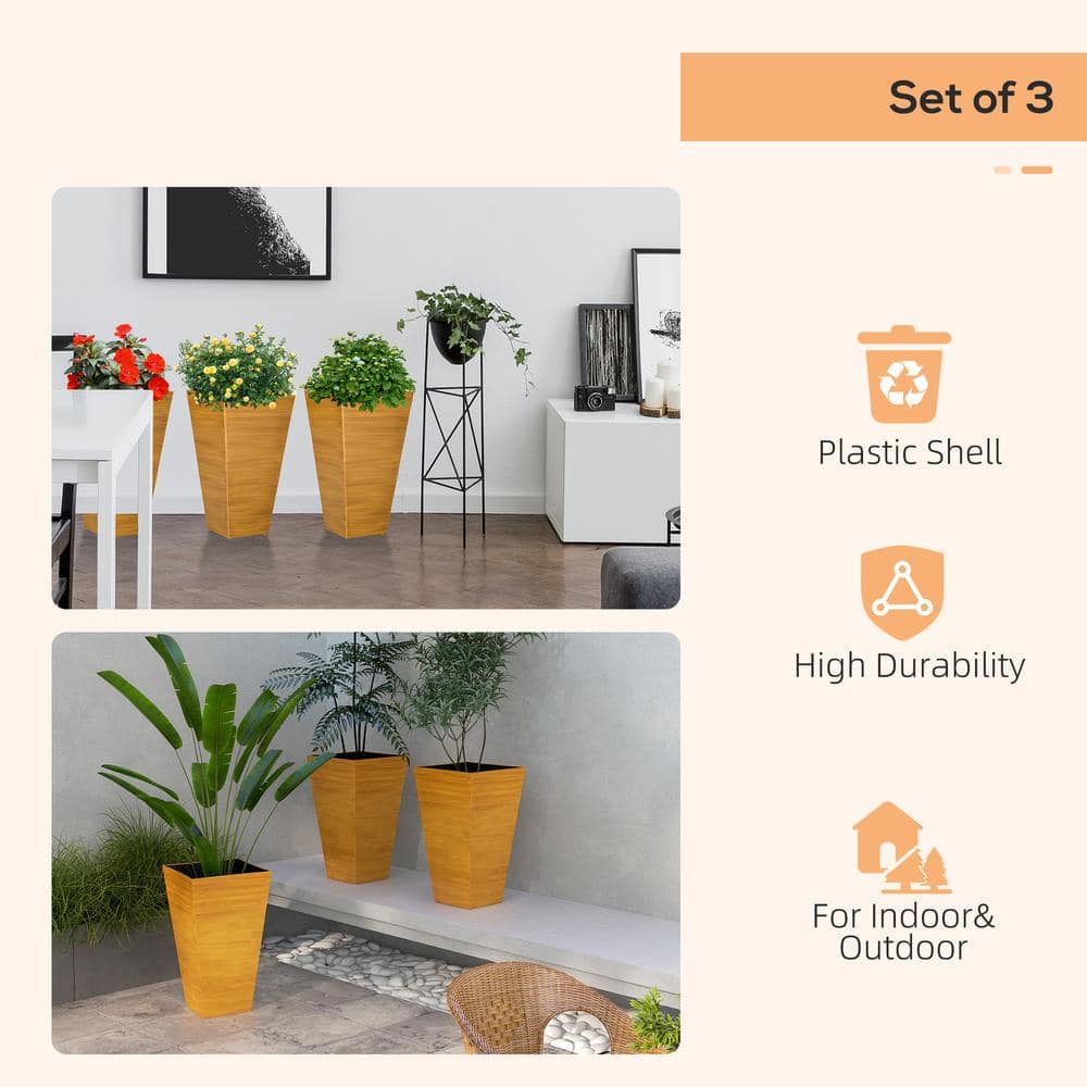 Set of 3 Light Brown Tall Faux Wood Outdoor Planters