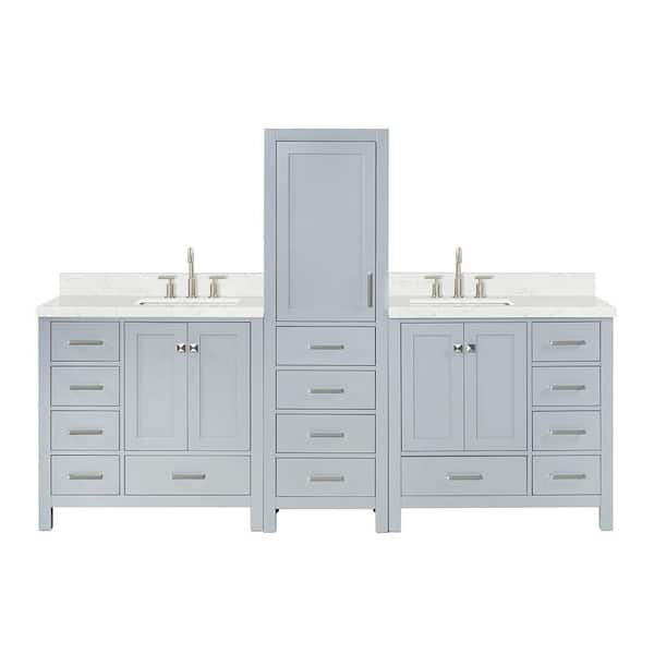 Cambridge 3-Piece 92 in. Wide Double Sink Bath Vanity And Linen Cabinet Set In Grey With Carrara White Quartz Top