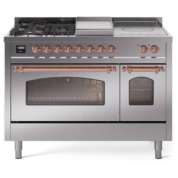 ILVE Nostalgie II 48 in. 5-Burner/Frenchtop/Griddle Freestanding Double Oven Dual Fuel Range in Stainless Steel with Copper