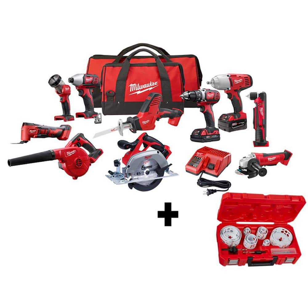 Milwaukee M18 18V Lithium-Ion Cordless Combo Kit (10-Tool) with (2) Batteries, Charger and (2) Tool Bags & Hole Saw Set -  2695-10CX-49