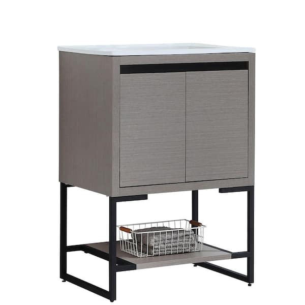 VANITYFUS 24 in. W x 35.04 in. H Free-Standing Bath Vanity in Gray with Vanity Top in White with White Basin