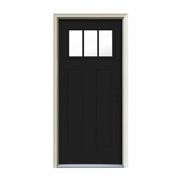 JELD-WEN 32 in. x 80 in. 3 Lite Craftsman Black w/White Interior Steel Prehung Left-Hand Inswing Front Door w/Brickmould