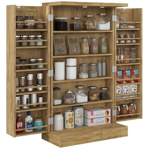 HOMCOM Natural 5-Tier Shelf 12-Spice Racks 41 in. Kitchen Pantry Storage Cabinet, with Double Rattan Doors Adjustable Shelves