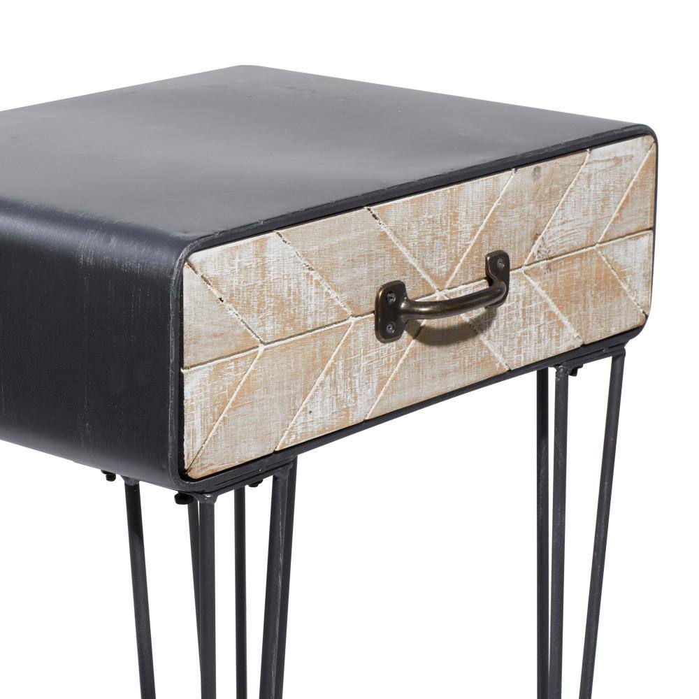 Black and Beige Metal Wood Accent Table with Drawer