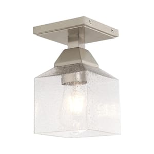Lansford 4.75 in. 1-Light Brushed Nickel Industrial Semi Flush Mount with Clear Seeded Glass and No Bulbs Included