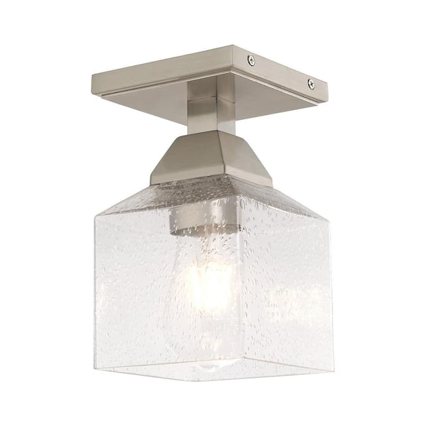 Livex Lighting Lansford 4.75 in. 1-Light Brushed Nickel Industrial Semi Flush Mount with Clear Seeded Glass and No Bulbs Included